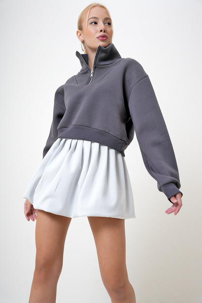 VAGGON Dámská antracitová mikina s polovičním zipem se třemi vlákny Raised Crop Prm1051