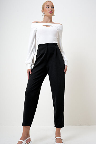 VAGGON Dámské černé krepové pletené kalhoty s vysokým pasem Prm1083