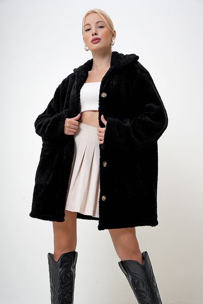 VAGGON Dámská černá oversize plyšová bunda s dvojitou kapsou na knoflík Prm1104