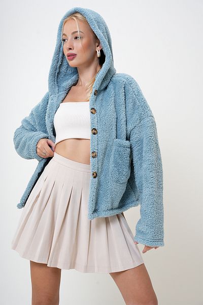 VAGGON Mintfarbener Plüschmantel mit Kapuze und doppelter Tasche für Damen Prm1101