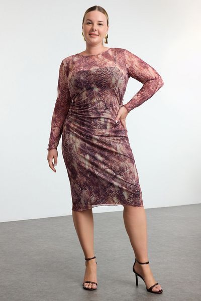 Trendyol Curve Brown Tulle Knitted Plus Size Dress