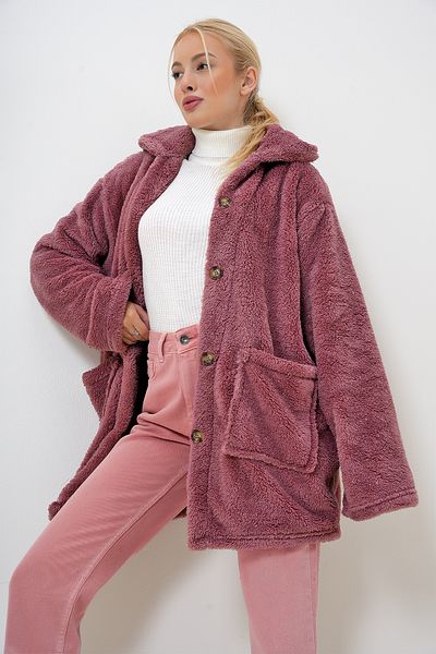 VAGGON Γυναικείο βελούδινο μπουφάν Dusty Rose με διπλή τσέπη μπροστά με κουμπιά PRM1104