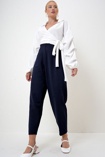 VAGGON Marineblaue Krepp-Strickhose mit hoher Taille – Spannzangendetail, drapiert PRM1083