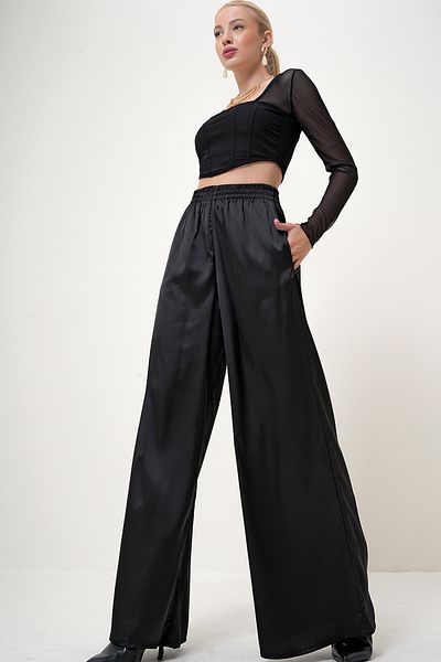 VAGGON Schwarze Damen-Palazzo-Hose aus Satin mit hoher Taille, elastischem Bund und doppelter Tasche, Prm1110
