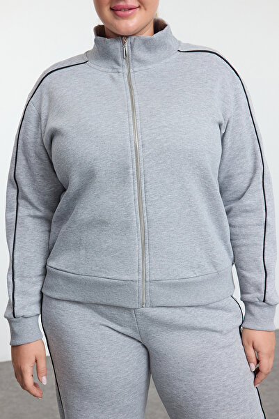 Trendyol Curve Gray Stand Collar Oversize Fit Grosgrain Detailed Fleece Inside Knitted Plus Size Tracksuit Set Tbbaw25Cp00012