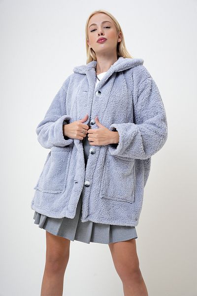 VAGGON Graue Damen-Plüschjacke mit zwei Taschen und Knopfleiste vorne, PRM1104