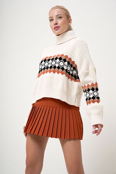 VAGGON Női krém-barna garbós Argyle Print téli kötöttáru Crop pulóver PRM1067