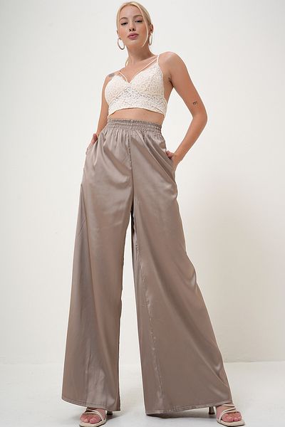 VAGGON Beigefarbene Damen-Palazzo-Hose aus Satin mit hoher Taille und elastischem Bund und doppelter Tasche PRM1110