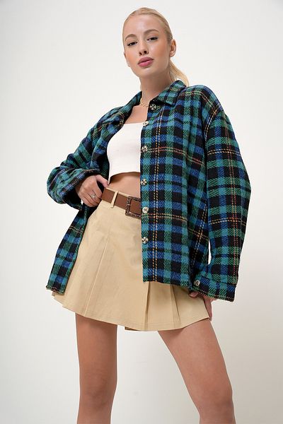 VAGGON Saks Green Plaid Single Pocket Oversize-Stash-Hemd für Damen PRM1084