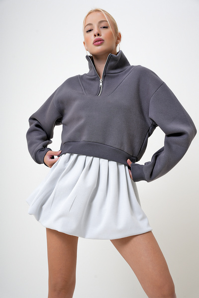 VAGGON Dámská antracitová mikina s polovičním zipem se třemi vlákny Raised Crop Prm1051