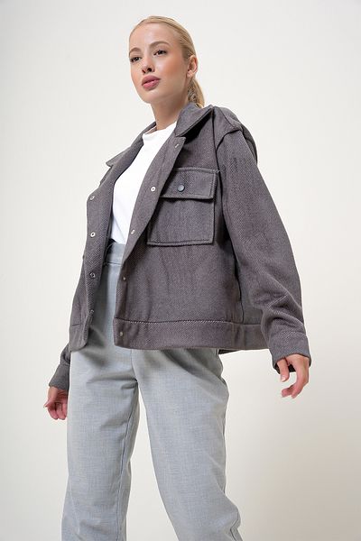 VAGGON Grauer Damen-Kaschmirmantel mit doppelter Tasche und Druckknopfverschluss Prm1093