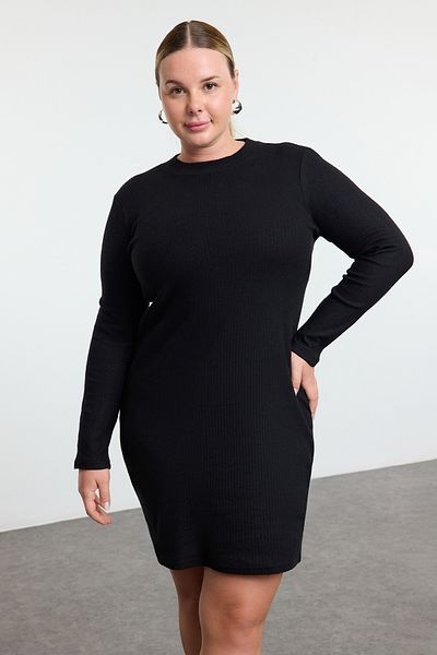 Trendyol Curve Μαύρο φόρεμα με ριμπ χειμωνιάτικο πλεκτό σε μέγεθος