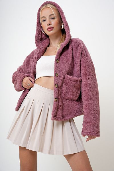VAGGON Damen-Plüschmantel Dusty Rose mit Kapuze und doppelter Tasche Prm1101
