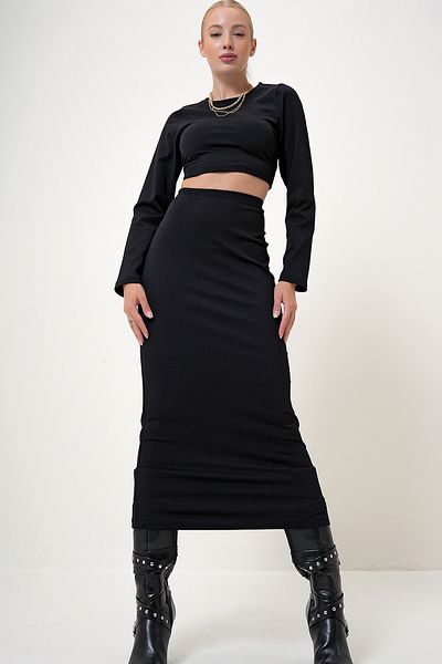VAGGON Schwarzes Crop-Bluse- und Midi-Cordrock-Set – Rundhalsausschnitt PRM1056