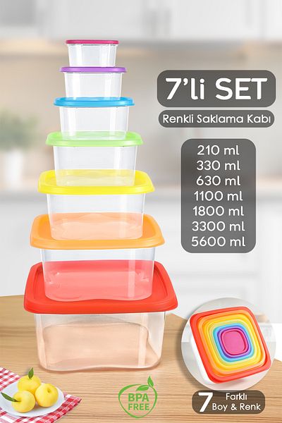 Meleni Home Set of 7 Colorful Square Food Storage Containers - Suitable for Microwave and Deep Freezer