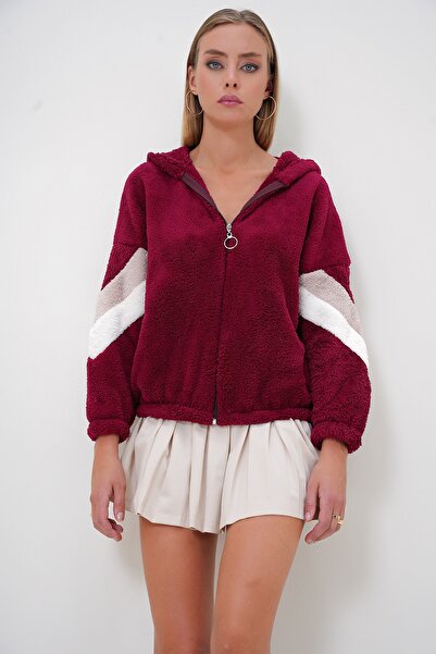 Trend Alaçatı Stili Burgundy Color Blocked Oversize Hooded Plush Women's Sweatshirt - Alc-547-001