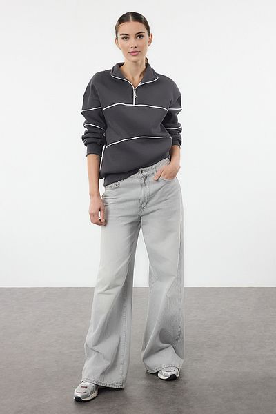 Trendyol Collection Anthracite Zippered Collar - Ribbed Detailed Wide Fit Sweatshirt Twoaw25Sw00299
