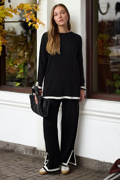 Trendyol Modest Ecru Black Piping Knitwear Top and Bottom Set Tctaw25Us00043