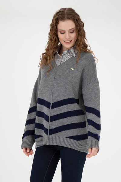 U.S. Polo Assn. Women's Gray Melange V-Neck Knitwear Sweater 50272041 -Vr086