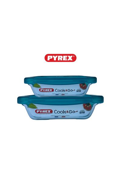 Pyrex Cook&Go Storage Dish Set - 0.8L & 1.9L Rectangular Glass Containers with Airtight Green Lids