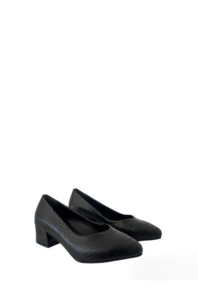 Saracshoes Gerçek Deri Kadın Kısa Topuklu Siyah Kroko  Basic