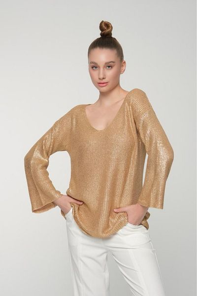 Su Moda 3387 Модел Новогодишен Блестящ Блестящ Плетеен Пуловер с V-образно Деколте - Дълъг Пуловер С Фолиево Покритие