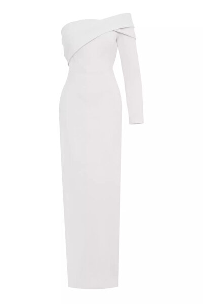 Keikei Beyaz krep tek kol uzun elbise