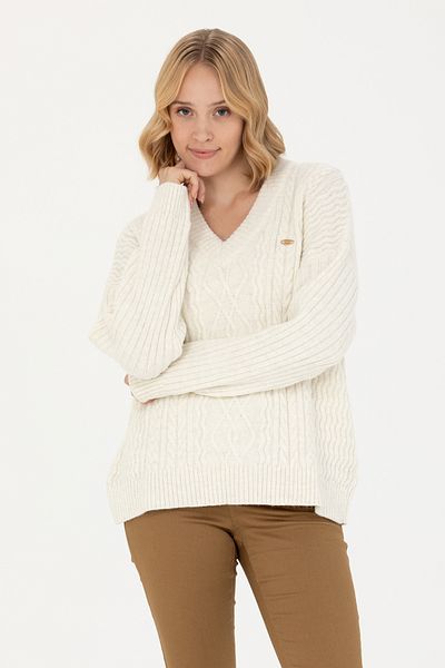 U.S. Polo Assn. Pulover de damă crem cu decolteu în V - 50270427 -VR071