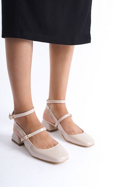 oyyo Piele lacuita CREMA - Balerini confortabili de zi cu zi cu varf patrat, pantofi cu toc mic - STRANȚĂ!