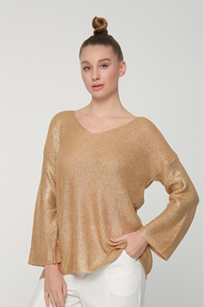 sumoda Γυναικείο πλεκτό πουλόβερ με φινίρισμα από ύφασμα, λαμπερό, με λαιμόκο...