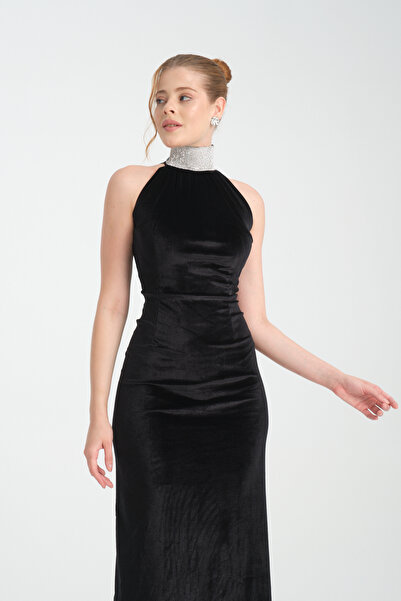 Aurora Kadife boğazlı midi abiye elbise