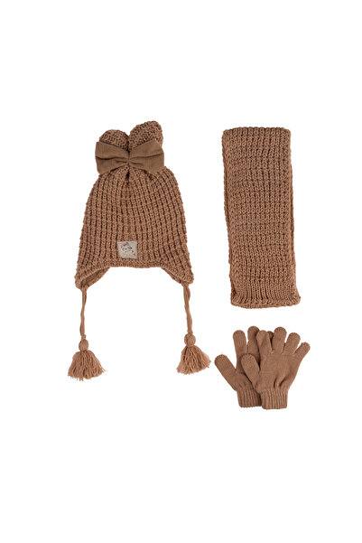 Kitti Kitti̇ Scarf Beanie Gloves 3-Piece Set (1-4 Years) Girl Child with Fleece Inside