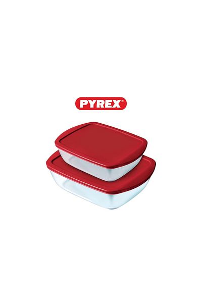 Pyrex Cook&Store-Set Of 2 Rectangular Dishes With Red Lids-1,2+2.5L