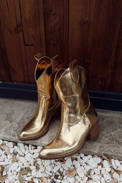 POLKA STORE Brave Metallic Snake Effect Γυναικείες καουμπόικες μπότες Bootie Western Boots