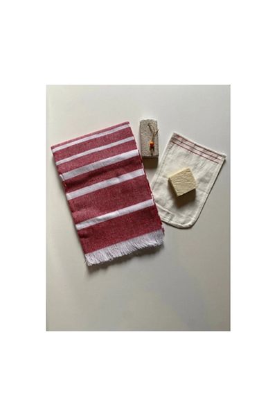 evimdeyokyok Bridal Bath Set, Premium Peshtemal, Pumice Heel Stone, Natural Olive Oil Soap, Pouch Set of 4