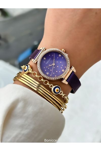 Ferrucci Brand Steel Cord, Stoned Stylish Dial, Waterproof, Purple Color Women's Wristwatch + Bracelet