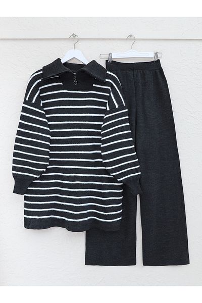 Modamorfo Gestreiftes Strick-Set mit Rollkragenpullover und Reißverschluss – Anthrazit