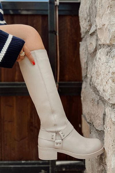 POLKA STORE Biker Belt Detailed Thick Sole Square Toe Below the Knee Comfortable Women's Pull-On Boots