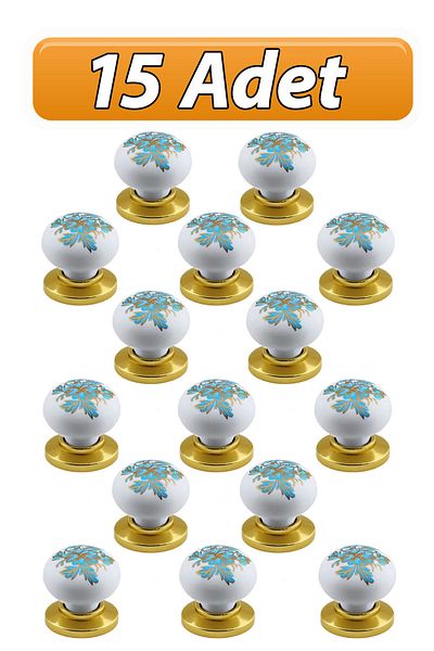 GLASWEN 15 Pieces Polymer Button - Blue, White, Hydrangea Flower Pattern, Gold Top Handle Furniture Kitchen Cabinet Pull
