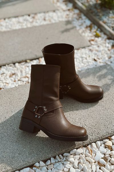 POLKA STORE Street Belt Detailed Bitter Brown Thick Sole Square Toe Comfortable Women's Pull-On Booties Bootie Boots