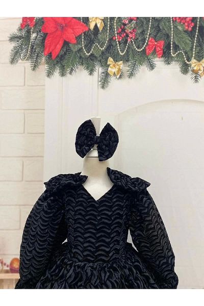 Nissa Black Patterned Double Bow Girls' Dress
