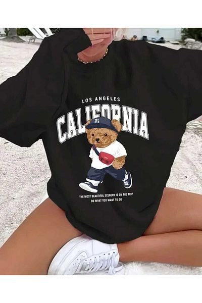 mia storia California Teddy Bear Pattern - Hanorac oversize pentru damă cu gât crew