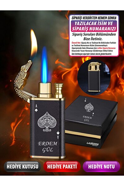 LAZZERS HEDİYELİK Kişiye Özel İsimli Lüks Kutulu Çift Ateşli Maça As Tasarıml...