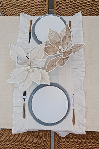 cotton maison Vintage Fırfırlı Keten Runner 40x110 Cm | Bohem & Doğal Masa Örtüsü