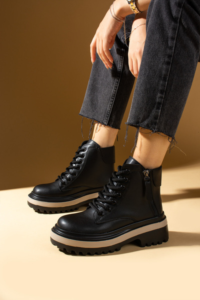 Pembe Potin Yeni Sezon Siyah Kadın Sıcak ve Şık Astar Fermuarlı Bağcıklı Spor Rahat Kalıp Bot