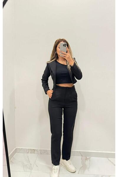 Daves Black Trousers Crop Jacket Set