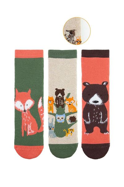 MEM SOCKS Чифт от 3 детски безшевни хавлиени чорапи с горски мотив, неплъзгащи се