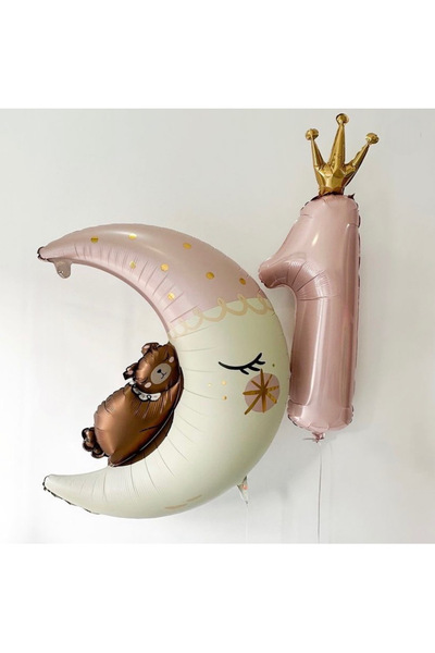 Öztürkpartievi مجموعة بالونات القمر مع تاج وردي مع دمية دب عمر سنة واحدة