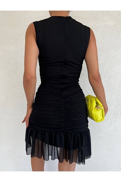 S&A Collectionn Women's Double Breasted Collar Skirt Draped Frilly Chiffon Lined Mini Dress Black