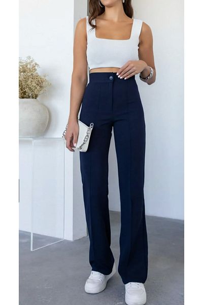 SUHIS Navy Blue High Waist Recovery Women's Palazzo Trousers - Lycra with Transverse Neck, Pipe Leg